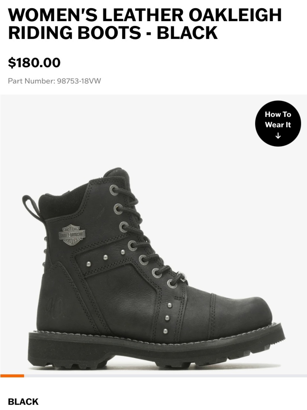 Harley-Davidson Black Lace-Up Leather Riding Boots with Stud Accents